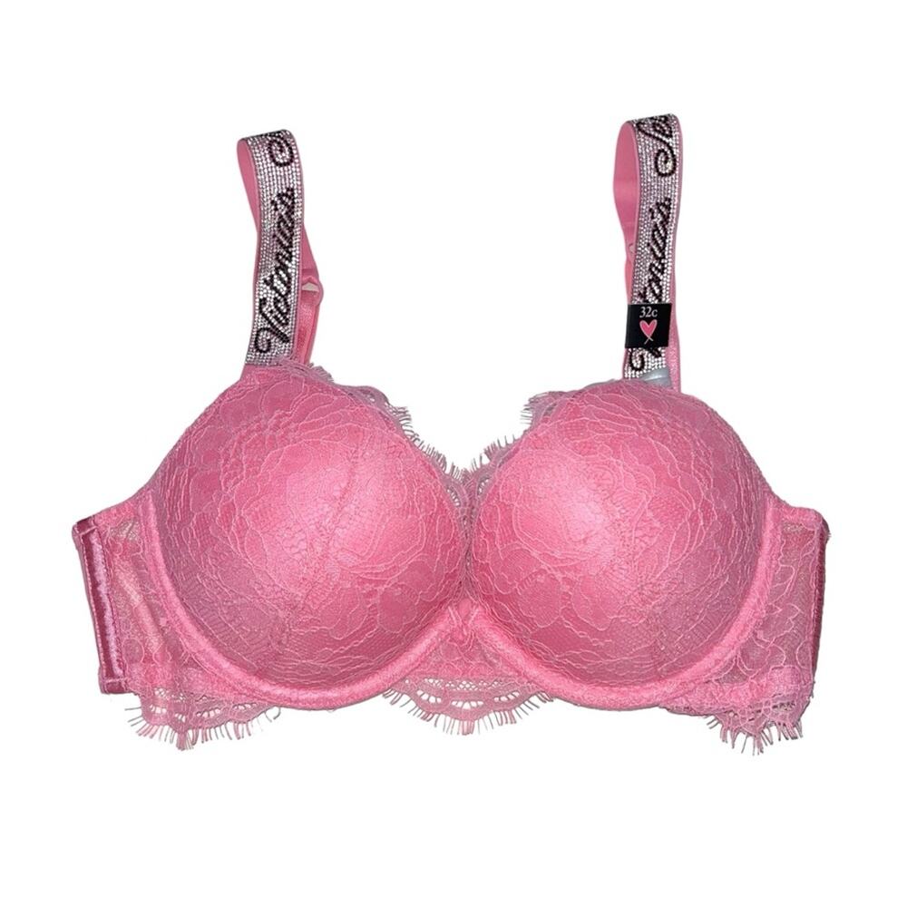 Victoria's Secret Very Sexy Shine Strap Lace Push-Up Bra Pink Roses Size 32C